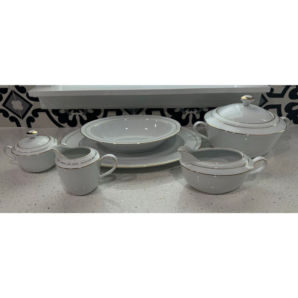 6 piece Noritake White Scapes Sugar/Creamer,Gravy Boat,Platter & Serving Bowl